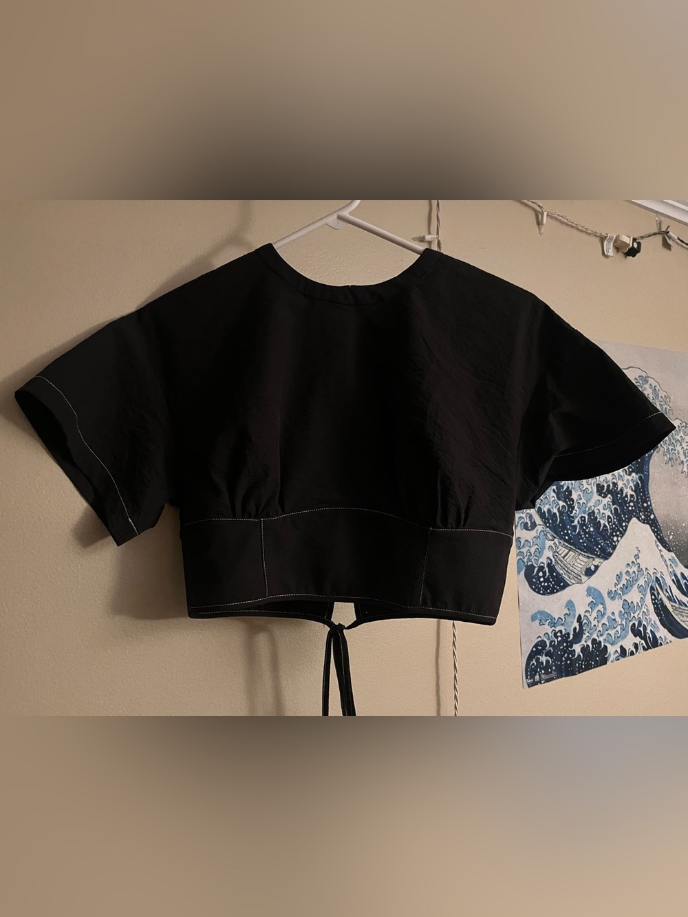 Cropped Black Tie-Back Women's Top contrast stitching